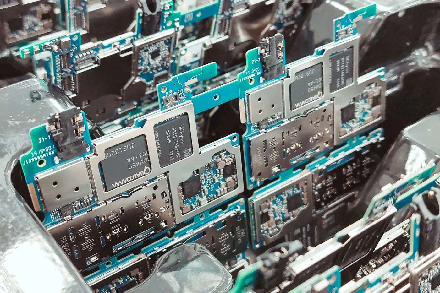 Circuit boards on an electronics production line