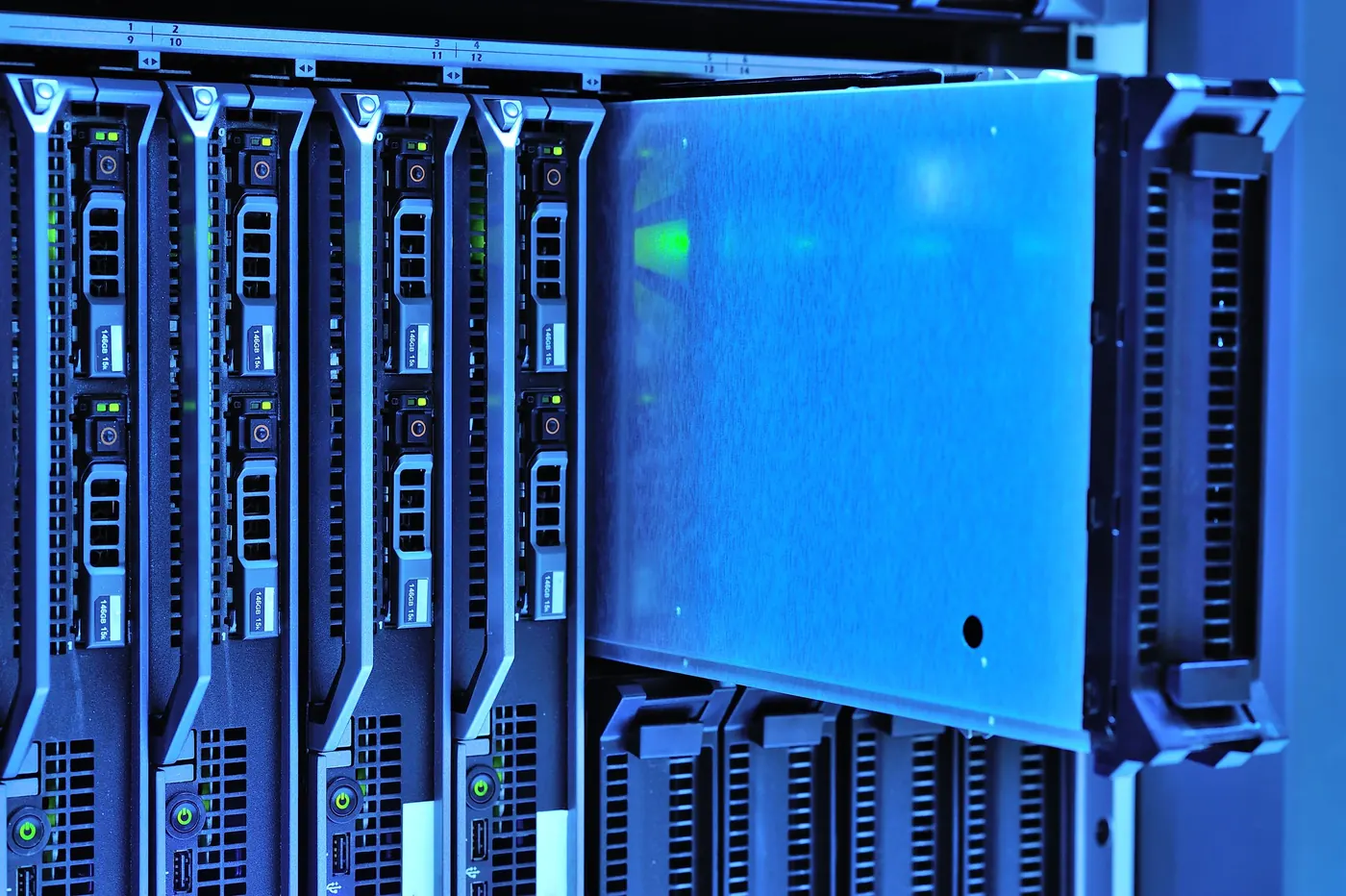 Server racks with status lights in a data center